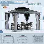 Aoxun 10Ft X 12Ft Hardtop Gazebo, Aluminum Metal Outdoor Gazebo with Breathable Netting and Curtains, Galvanized Steel Horizontal Double Top, Permanent Patio Pavilion for Dining, Wedding, Party