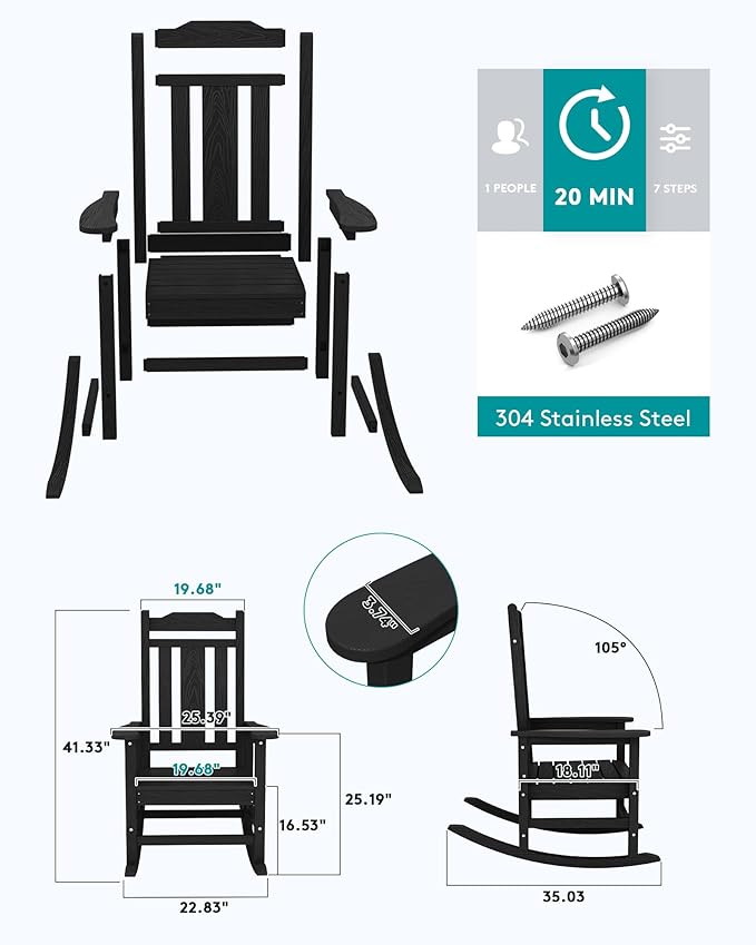 SERWALL Outdoor Rocking Chair Set of 6, Patio Rocking Chair Sets, HDPE Rocking Chair for Adults, Black