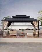 12'x16' Hardtop Gazebo - Aluminum Frame Permanent Pavilion with Curtains and Netting, Outdoor Double Metal Roof, Heavy Duty Poles for Patio, Deck, Backyard, Lawn, Garden