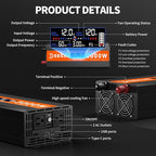 3000 Watt Power Inverter Car/Home 12V DC to 110V/120V AC Converter with 2 AC Outlets, USB & Type-C Port Car Inverter Peak Power 6000W for RV,Truck,Off-Grid Solar System with Remote Controller-Orange