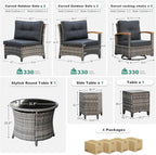 MEISSALIVVE 9 Piece Outdoor Patio Furniture Set, Half-Moon Curved Sectional Sofa Rattan Conversation Set with 2 Wood Armrests Swivel Rocker Chairs, Round Coffee Table & Side Table（Grey）