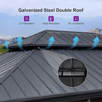 PURPLE LEAF 12' X 16' Solarium Sunroom Permanent Hardtop Screened Gazebo Galvanized Steel Double Roof Aluminum Outdoor Enclosed Gazebo for Hot Tub Lawn Deck Backyard Grey