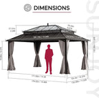 SUNJOY Kingston 16' x 12' Hardtop Gazebo with Galvanized Steel/Polycarbonate Double Roof, Curtain and Netting, Brown Aluminum Posts Permanent Pavilion Gazebo for Garden, Patio, Deck, Lawn