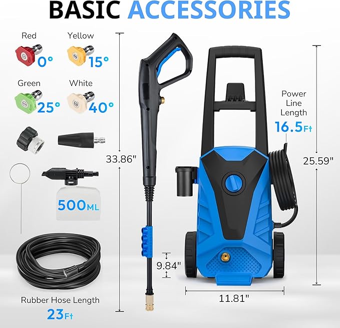 Electric Pressure Washer Compact, 2100 PSI, 2.0 GPM, 23FT Hose, Power Washer for Cars, Driveways, Patios, Patio Furniture & Around Pools, Blue