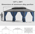 12x20ft Hardtop Gazebo Double Roof, Outdoor Pavilion with 2-Layer Hard top Galvanized Iron Frame Garden Tent, Suitable for courtyards, backyards, Decks, and Grass