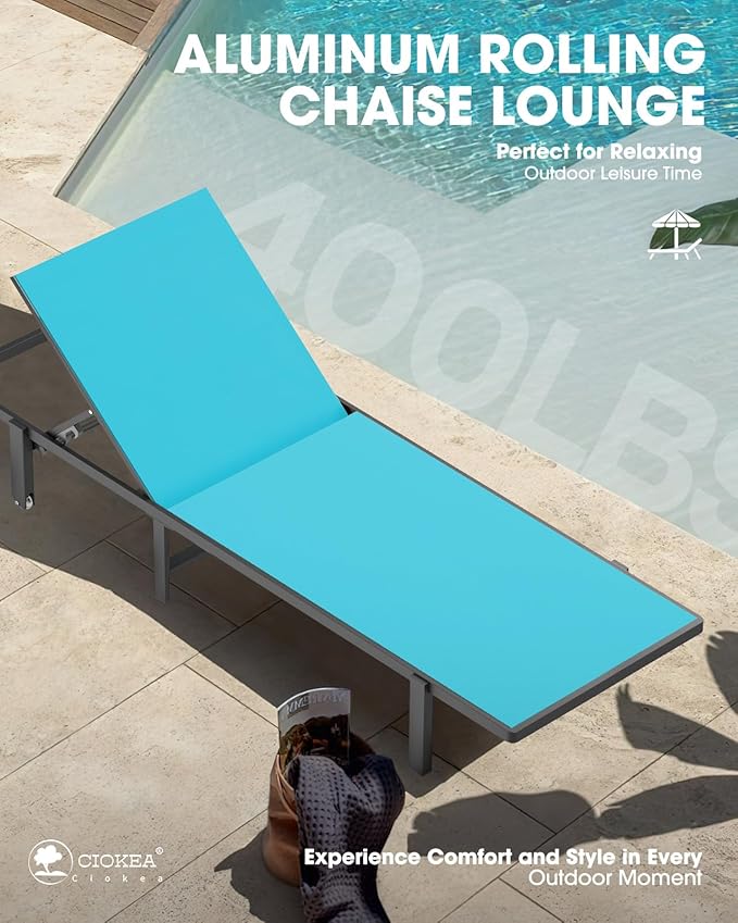 Pool Chaise Lounge Chair Set of 4, Outdoor Lounge Chairs with Wheels, 5-Position Adjustable Sun Loungers for Outside, Deck, Beach, Lake Blue