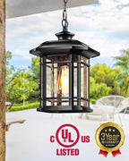 VIANIS Large Outdoor Pendant Light, Black Chandelier Lantern, Anti-Rust Outdoor Hanging Lights, Porch Lights Ceiling with Tempered Seed Glass for House