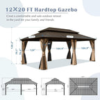 Domi 12' x 20' Hardtop Gazebo Permanent Metal Gazebo with Galvanized Steel Double Roof, Curtains and Netting for Party, Wedding, Outdoor Dining, Patio, Backyard, Brown