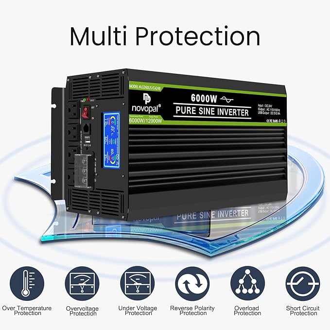 NOVOPAL 6000 Watt Pure Sine Wave Power Inverter DC 24V to AC 110V 120V Rv Inverters with 1 USB Port-16 feet Remote Control, LCD Display for Truck, Hurricane, Home