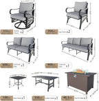 9 Pieces Patio Conversation Sets, All Weather Metal Outdoor Furniture Set, 3-Seater, 2 Swivel Rockers, 2 Single Chairs, 1 Loveseat, 1 Side Tables, 1 Coffee Table, 1 Fire Pit Table for Backyard, Gray