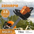380 Gas Chainsaw, 72cc 2-Cycle 3.6KW 4.8HP Power Chain Saw with 24 Inch Alloy Bar, OEM Code F380W, Replacement For Stihl MS381, MS380, 038, NS872, Heavy Duty Logging