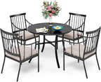 Sophia & William 5 Pieces Patio Dining Set with 4 Metal Armchairs and Round Dining Table, Outdoor Conversation Armchairs Furniture with Seat Cushions and 1.57" Umbrella Hole for Porch Backyard Balcony