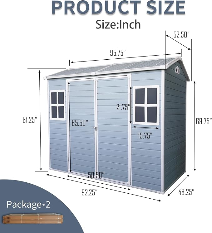 8x4ft Outdoor Storage Shed with Two-Window and Lockable Door, Resin Plastic Shed with Floor for Gargen, Patio, Yard, Lawn, Light Grey