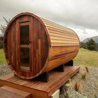 Outdoor Panoramic Sauna, 15KW Wood Burning Saunas Stove, Canadian Red Cedar Barrel Sauna 6 Person, Triple Waterproofing System, Steel Fireplace, Wood Tiles(0-195℉)