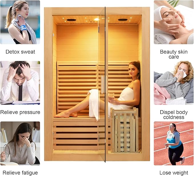 ZONEMEL Wooden Steam Sauna Room, 2-3 Person Canadian Hemlock Luxurious Indoor Sauna with 4.5 KW Harvia Stove Heater, WiFi Control, Sauna Stone, Wooden Bucket, Scoop, Reading Light, Hourglass, 220V
