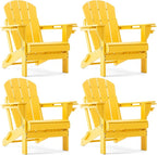 Folding Adirondack Chair, HDPE Outdoor Texture Lawn Chair with Reclining Back, Cup and Phone Holder - Comfortable Firepit Chair Weather Resistant for Patio or Backyard (Yellow, Set of 4)