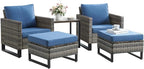 Wicker Outdoor Patio Furniture Set - 5 Piece Patio Conversation Set with 2 Wicker Armrest Chairs,2 Rattan Ottoman and 1 Metal Side Table for Outside Porch Deck Backyard Garden(Mixed Grey/Blue)