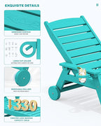 SERWALL Patio Chaise Lounge Chair Set of 2, 78'' Long 5-Positions Adjustable HDPE Outdoor Lounge Chair for Pool, Poly Lounge Chair with Rolling Wheels & Cup Holder for Poolside, Deck, Aqua Blue