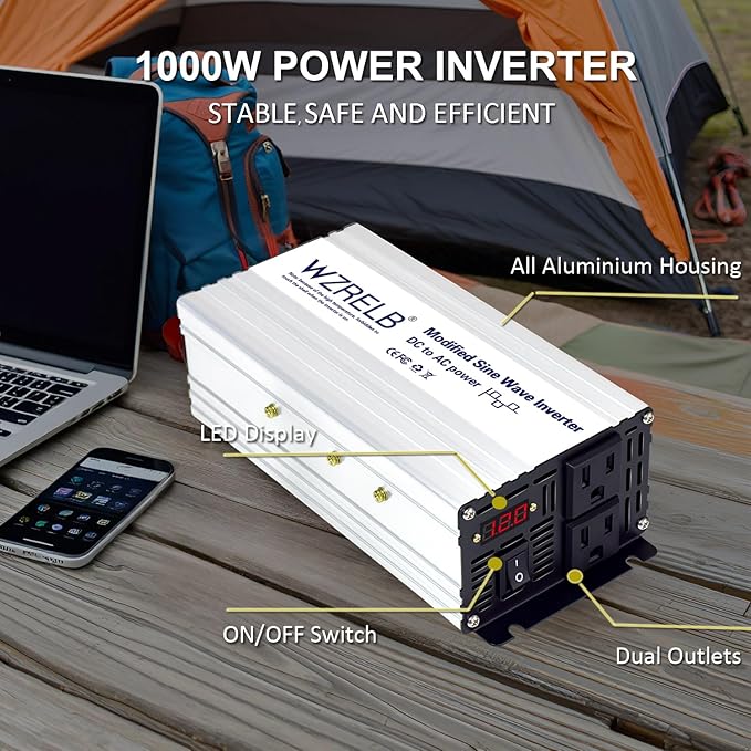 WZRELB 1000W Power Inverter 24V DC to 110V 120V AC,2000W Peak Modified Sine Wave Car Inverter with LED Display,Dual AC Outlets,Soft Starter,Off-Grid Power Converter with High Efficiency up to 90%