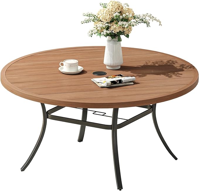 VICLLAX 53" Round Patio Dining Table for 6-8, Metal Outdoor Dining Table with Umbrella Hole for Patio, Garden, Balcony, Walnut