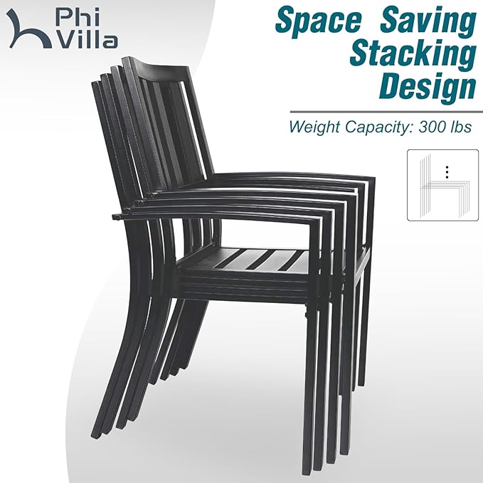 PHI VILLA 5 Piece Outdoor Dining Table Set for 4, 42” Round Steel Dining Table with Umbrella Hole & 4 Black Stacking Metal Chairs for Patio, Deck, Yard, Porch