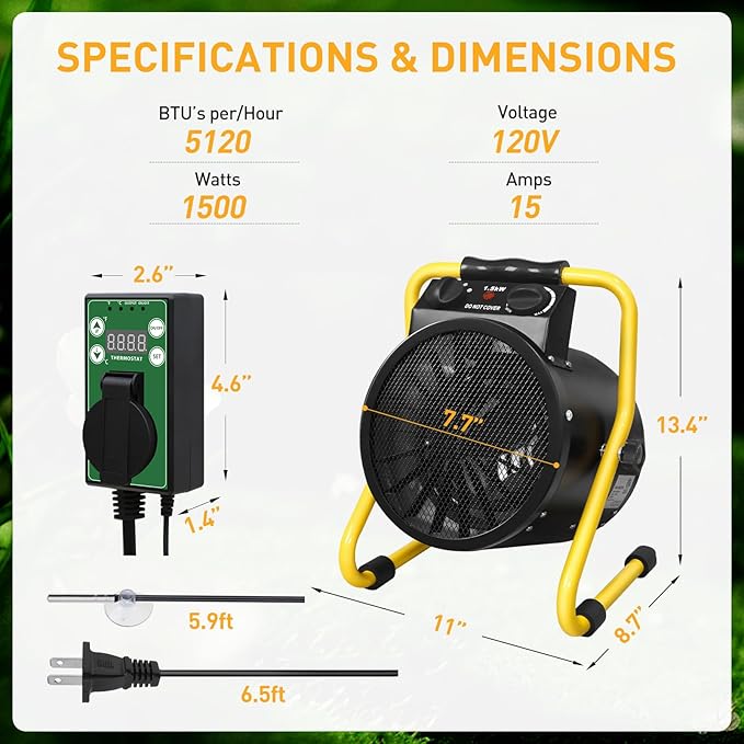 Portable Greenhouse Heater with Digital Thermostat, Overheat Protection, 1500W Radiant Electric Heater for Indoor & Outdoor Use, Garage, Grow Tent, RV, IPX4 Water Resistant, 1 Piece, Black