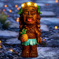 Solar Tiki Girl Garden Statues Tiki Lady Holding Pineapple Figurine with Flower LED Lights Bar Patio Porch Yard Outdoor Decorations Christmas Thanksgiving Birthday Gardening Gift for Mom Women