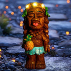 Solar Tiki Girl Garden Statues Tiki Lady Holding Pineapple Figurine with Flower LED Lights Bar Patio Porch Yard Outdoor Decorations Christmas Thanksgiving Birthday Gardening Gift for Mom Women