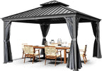 HAPPATIO 12' x 12' Hardtop Aluminum Gazebo with Galvanized Steel, Double Roof Permanent Patio Metal Canopy with Netting and Curtains for Garden, Lawns, Parties (Grey)