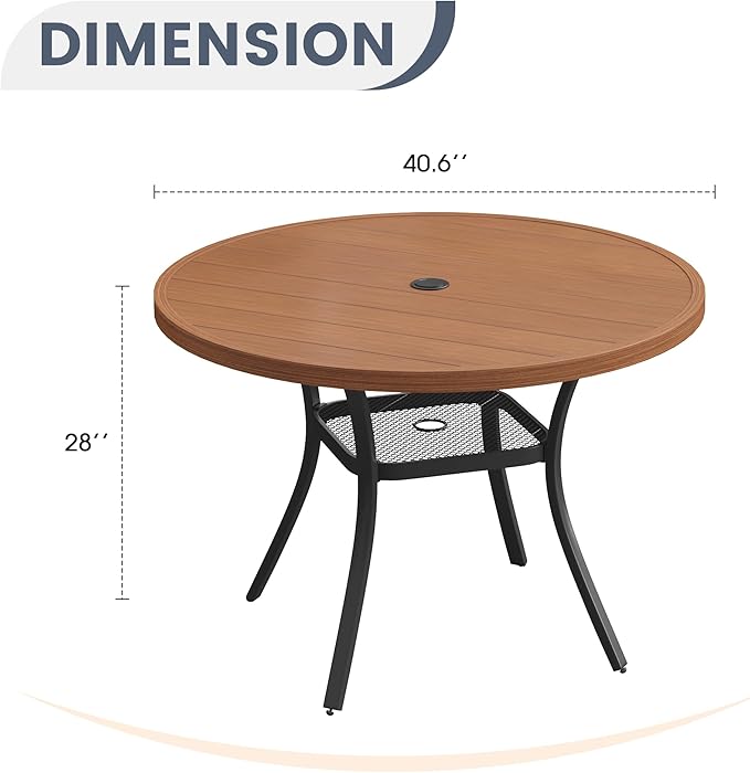 VICLLAX 40.6" Round Metal Outdoor Dining Table for 4, Patio Table with Umbrella Hole and Storage Shelf for Garden, Lawn, Deck, Walnut