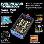 Pure Sine Wave Inverter 3000 Watt Pro, Home DC 12V to AC 110V 120V Power Car Converter with Three Sockets, Dual USB Port, Type-C Port, LCD Display, Remote Control, Smart Cooling Fans, Cable Included