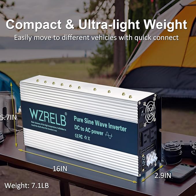 WZRELB 4000W Pure Sine Wave Inverter 12V DC to 110V 120V AC Power Converter with LED Display, Hardwire Terminal,Off-Grid Portable Power Inverter with Dual AC Outlets for Home, RV, Truck, Camping