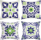 Pyonic Set of 4 Outdoor Pillow Covers 20x20 Waterproof Decorative Throw Pillow Covers Floral Printed Farmhouse Boho Pillowcase for Patio Funiture Garden Navy Blue