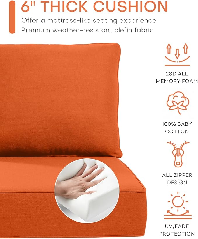 Luxury 24x24x6 Inch Outdoor Seat Cushions - Set of 2 Water Resistant Patio Chair Replacement Cushion for Porch Set Rattan Dining Rocker Glider Chairs Loveseat Couch Sectional Sofa - Orange
