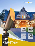 COLOER Brass Landscape Spotlights,12 Pack Spotlight Fixture Outdoor with 5W Aluminum Housing MR16 LED Bulb 2700K 450LM,12V AC/DC Low Voltage Landscape Lighting, Uplight for Garden and Patio(103B)