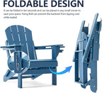 Folding Adirondack Chair, HDPE Outdoor Texture Lawn Chair with Reclining Back, Cup and Phone Holder - Comfortable Firepit Chair Weather Resistant for Patio or Backyard (Blue, Set of 2)