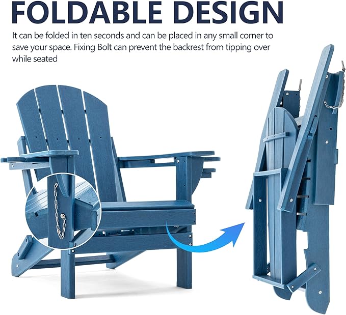 Folding Adirondack Chair, HDPE Outdoor Texture Lawn Chair with Reclining Back, Cup and Phone Holder - Comfortable Firepit Chair Weather Resistant for Patio or Backyard (Blue, Set of 1)