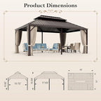 12'x18' Hardtop Aluminum Gazebo, Permanent Outdoor Canopy with Galvanized Steel Double Roof Heavy Duty Pavilion with Curtains and Netting for Garden Patio Lawn Deck