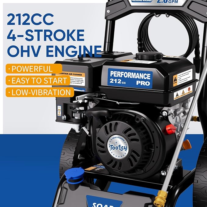 TOOLCY 3400 PSI Gas Pressure Washer, High-Performance 212cc OHV Engine, Reinforced Pump. Onboard Soap Tank, 30FT Hose, Spray Gun & 5 Nozzles, Max 2.8 GPM, Great for