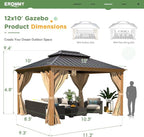 EROMMY 10'x12' Gazebo, Wood Grain Aluminum Frame Canopy with Double Galvanized Steel Hardtop Roof, Outdoor Permanent Metal Pavilion with Curtains and Nettings for Patio, Backyard and Deck