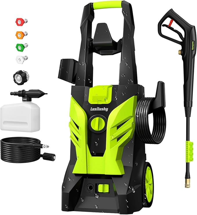 Pressure Washer, Power Washer with 4 Nozzles and Foam Cannon, High Pressure Cleaning Machine for Cars, Driveways, Fences, Patios, Home Cleaning, Green