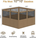 Gazebo Privacy Curtain 10'x10', Replacement Curtains with Mosquito Net Windows, 4-Panels Side Wall, Zippers, Waterproof Outdoor Curtains for Patio, Canopy, Garden and Backyard, Khaki (Curtain Only)
