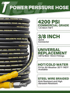 4200PSI Pressure Washer Hose 75FT with 3/8" Swivel Quick Connect for Cold/Hot Water, Kink Resistant Steel Wire Braided, Wear Resistant Power Washer Hose with 2 M22 14mm Adapter Set