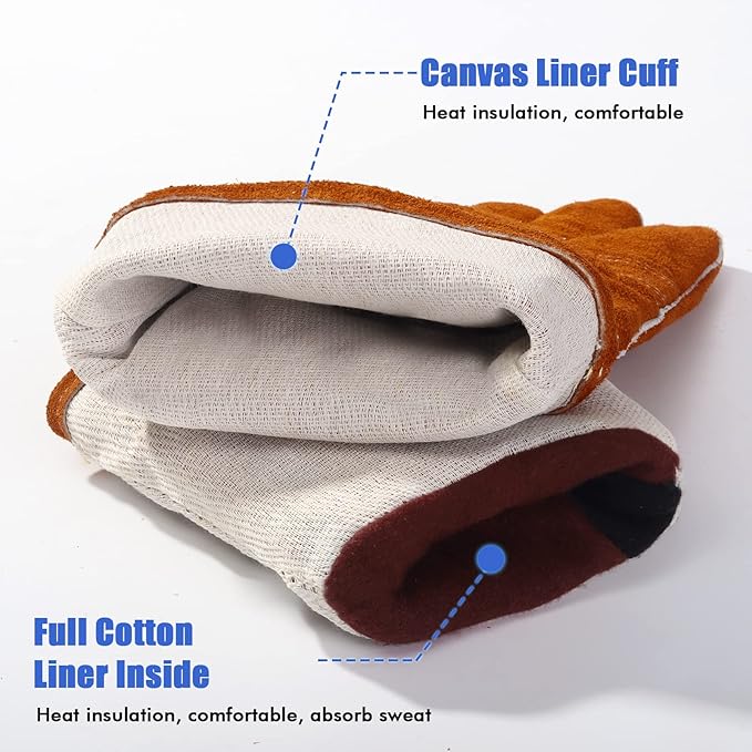 QeeLink Welding Gloves - Heat Resistant Leather and Fireproof Stitching for Fireplace Fire Pit Wood Stove BBQ Gardening Gear