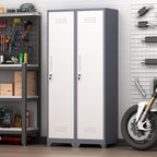 GREATMEET Slim Lockable Garage Storage Cabinet, Narrow Broom Storage Closet, 65" Metal Cleaning Tool Cabinet with Lock and Door,Utility Cabinets for Brooms and Mops for Laundry Room, White&Grey