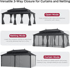 SUNJOY Kingston 20' x 12' Hardtop Gazebo with Galvanized Steel Double Roof, Curtain and Netting, Gray Aluminum Posts Permanent Pavilion Gazebo for Garden, Patio, Deck, Lawn
