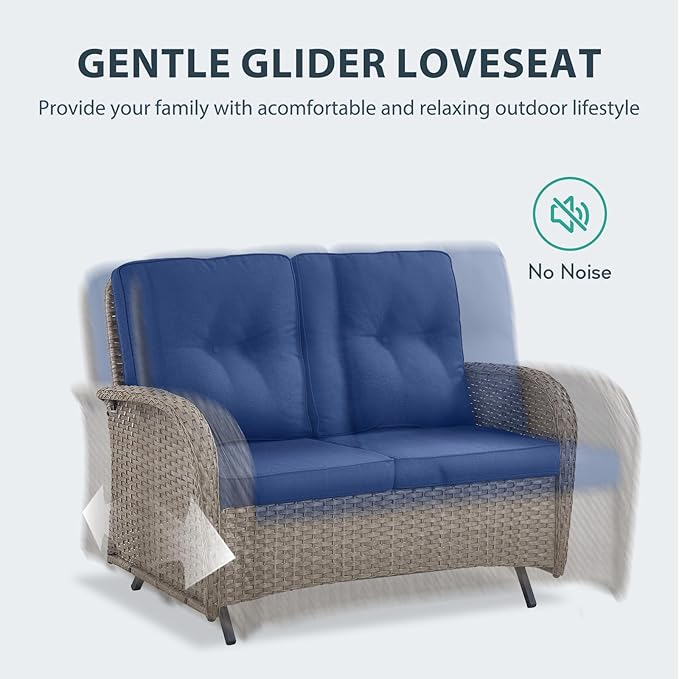 5 Piece Patio Furniture Set with Fire Pit Table - Wicker Patio Conversation Set with Swivel Glider, Glider Loveseat, Tempered Glass Side Table for Deck Backyard - Grey Wicker Blue Cushion
