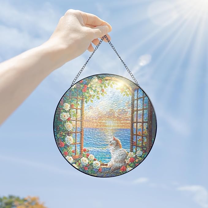 FLAGWIX Christmas Cat Gifts for Women - Stained Glass Window Hanging 8 in - Beach Gifts for Women Mom Grandma, Gift for Cat Lovers, Suncatcher Holiday Christmas Decorations for Home, Coastal Decor