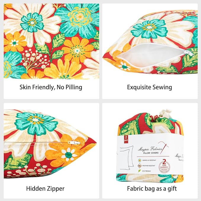 Magpie Fabrics Pack of 2 Outdoor Waterproof Throw Pillow Covers 18 x 18 Inch, Decorative Cushion Sham Pillowcase Shell for Garden Patio Balcony(Embry Red Hibiscus)