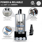 LANCHEZ 1.6HP 5500GPH Stainless Steel Sump Pump, High Flow Submersible Water Pump with Float Switch, Automatic Transfer Water Pump for Pool Basement Flooded Pit Sewage Sink Tub